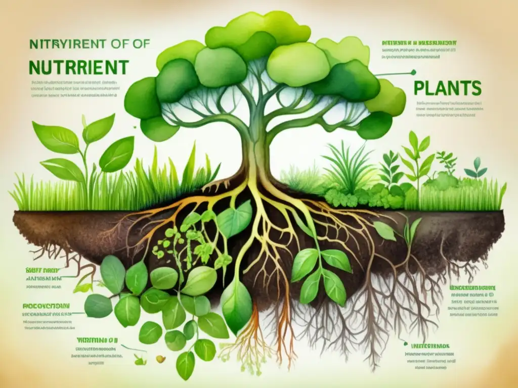 Procesos de nutrición en plantas: Absorción de nutrientes y red vascular en una imagen acuarela detallada