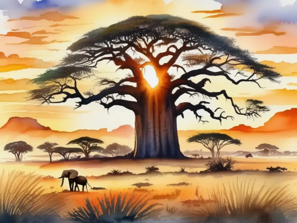 Pintura acuarela flora africana: Baobab, Acacia Sahara, Río Nilo, Lirio Nilo - Plantas emblemáticas (110 caracteres)