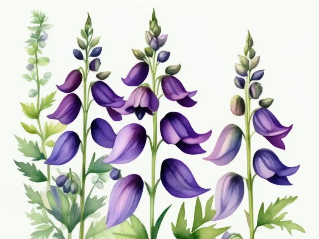 Ilustración detallada de una planta Aconitum con flores moradas, hojas verdes y tallos delicados