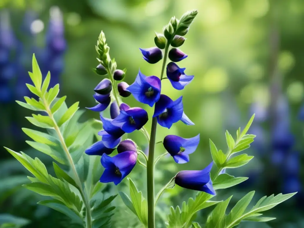 Aconitum: planta venenosa y hermosa en entorno natural con detalles ultradetallados (110 caracteres)