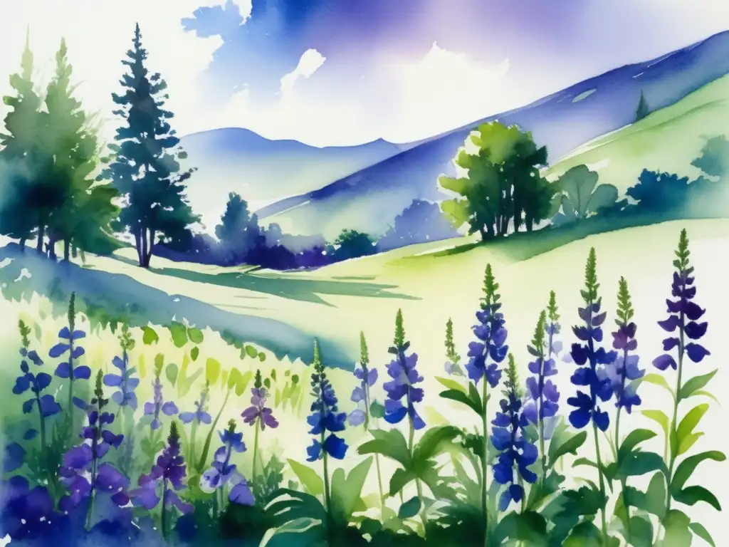 Pintura detallada de un prado verde exuberante con flores vibrantes de Aconitum en distintas etapas de floración