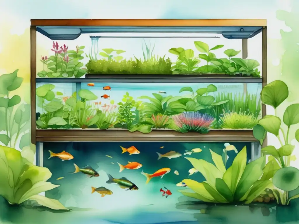 Beneficios plantas acuáticas en acuaponía: acuarela detallada de sistema con peces y plantas acuáticas vibrantes