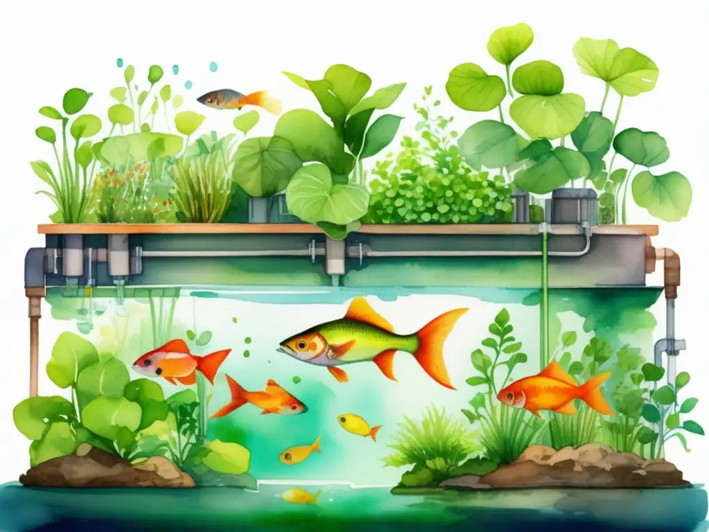 Acuaponía: Beneficios de las plantas acuáticas en sistema acuático vibrante con peces coloridos y plantas verdes