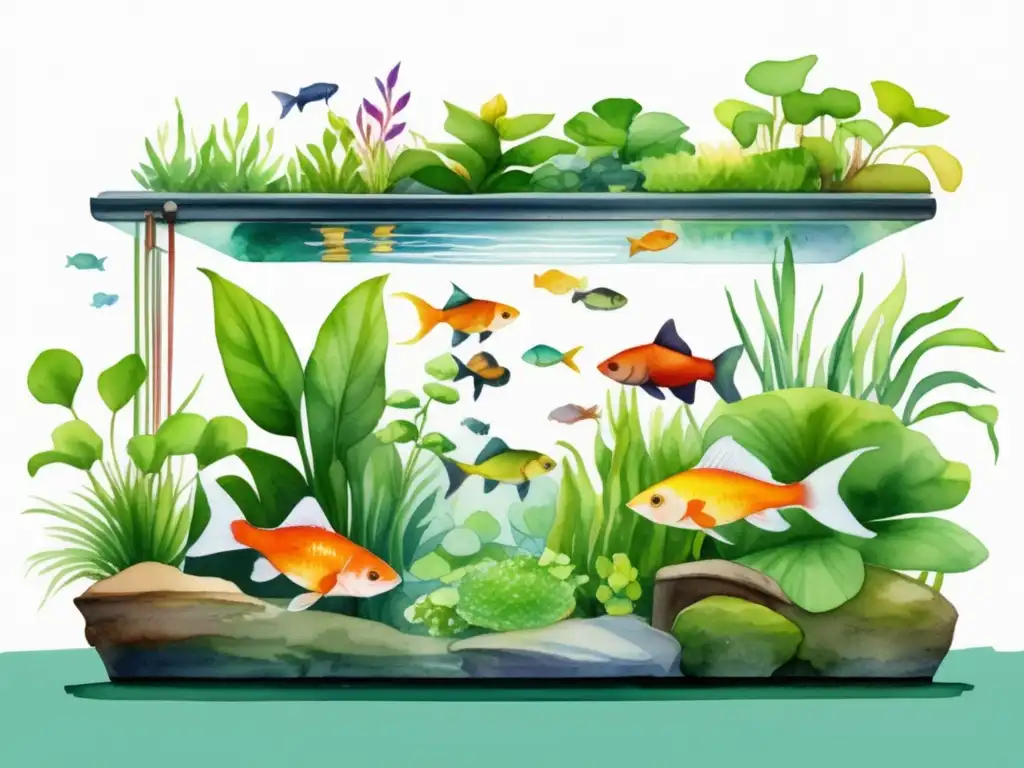 Acuaponía: Beneficios de plantas acuáticas en sistema vibrante de acuario, agua cristalina y ecosistema armonioso