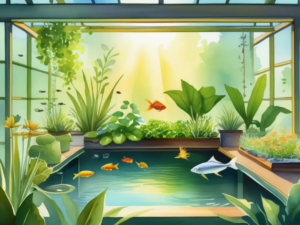 Acuaponía: Beneficios de plantas acuáticas en sistema sereno y vibrante con agua cristalina, plantas exuberantes y peces coloridos