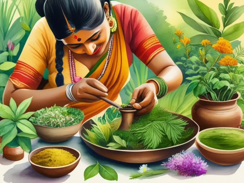 Plantas medicinales India: Ayurveda histórico, pintura acuarela 8k detallada con paisaje exuberante, herbolaria y experto seleccionando hierbas