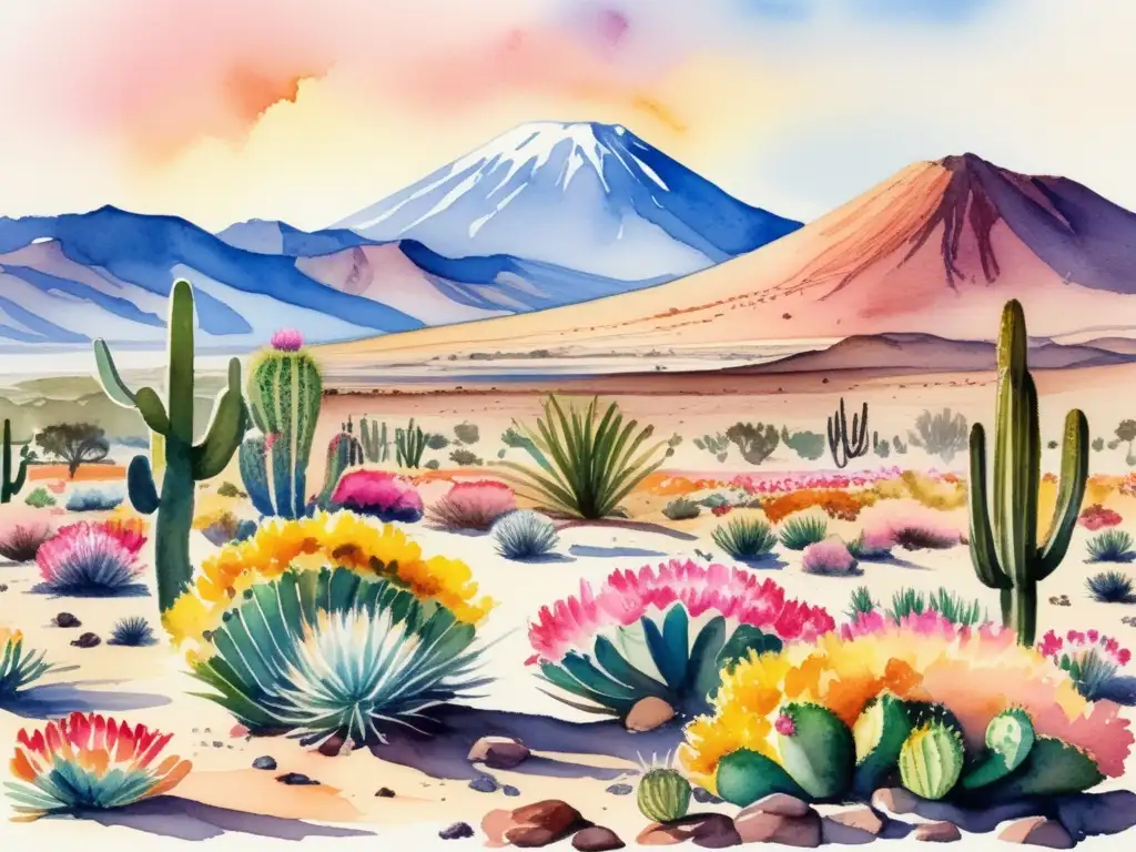 Flora del desierto de Atacama: Cacti, flores coloridas y majestuosas formaciones rocosas en paisaje árido