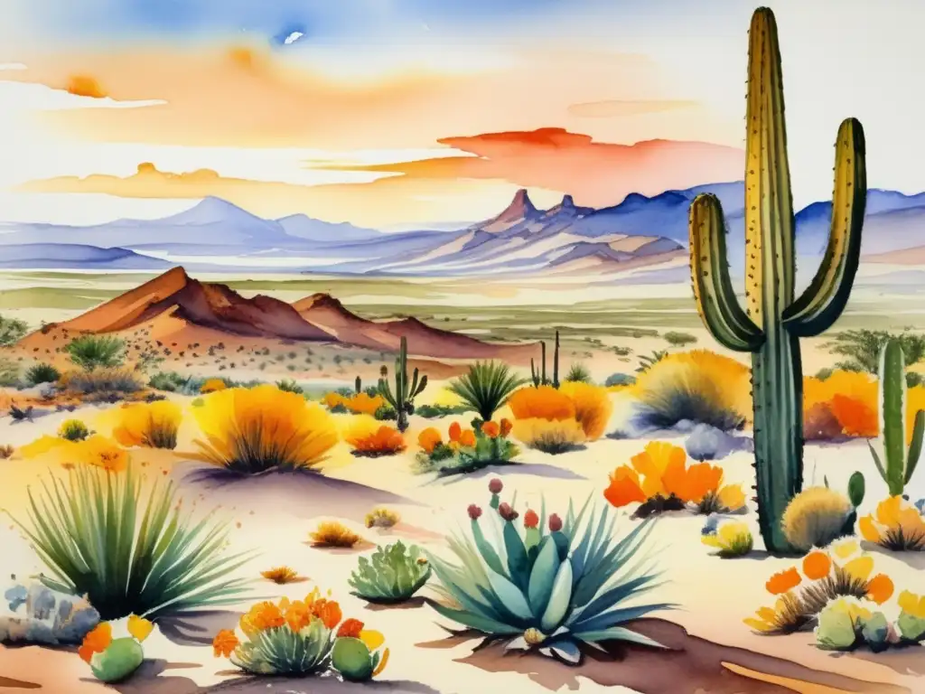 Pintura acuarela flores exóticas en el desierto (110 caracteres)