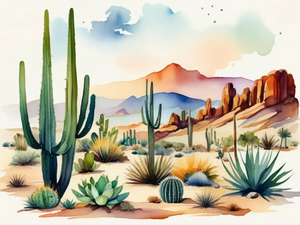 Pintura acuarela paisaje desierto con plantas adaptadas a climas secos - Beneficios morfología vegetal