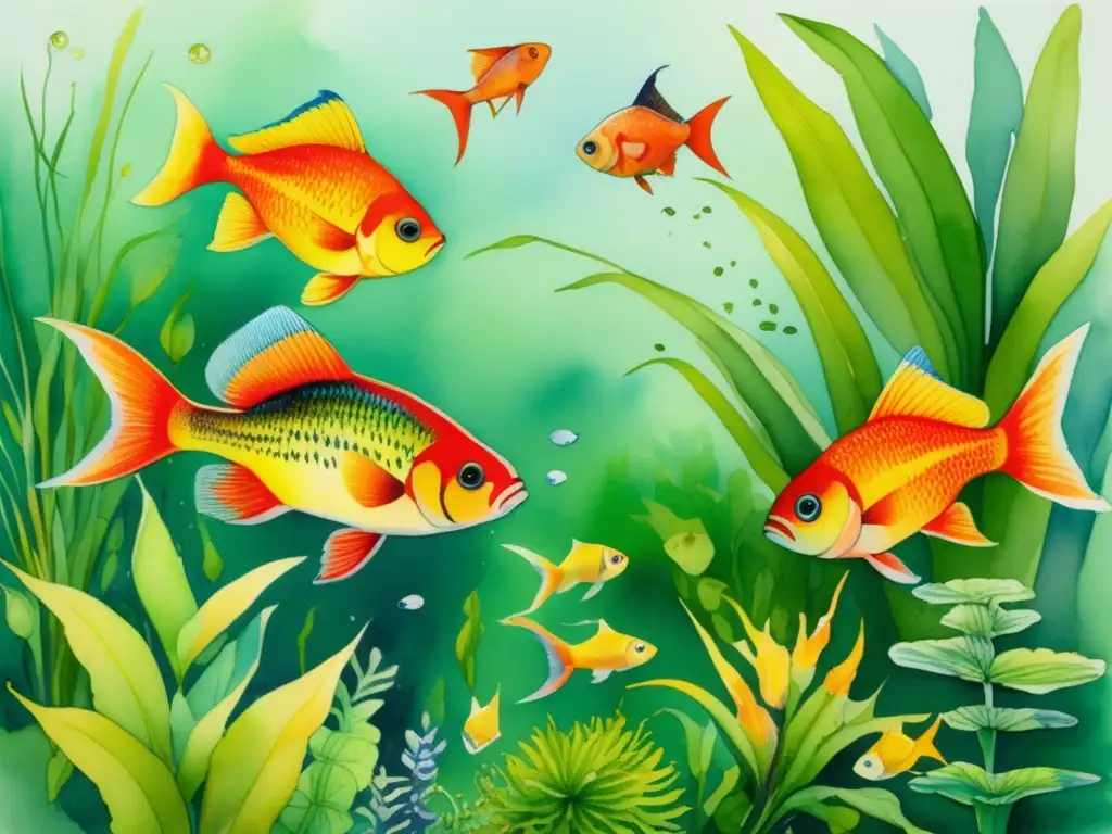 Beneficios de plantas acuáticas para peces herbívoros: escena acuática vívida y armoniosa con peces nadando entre vegetación