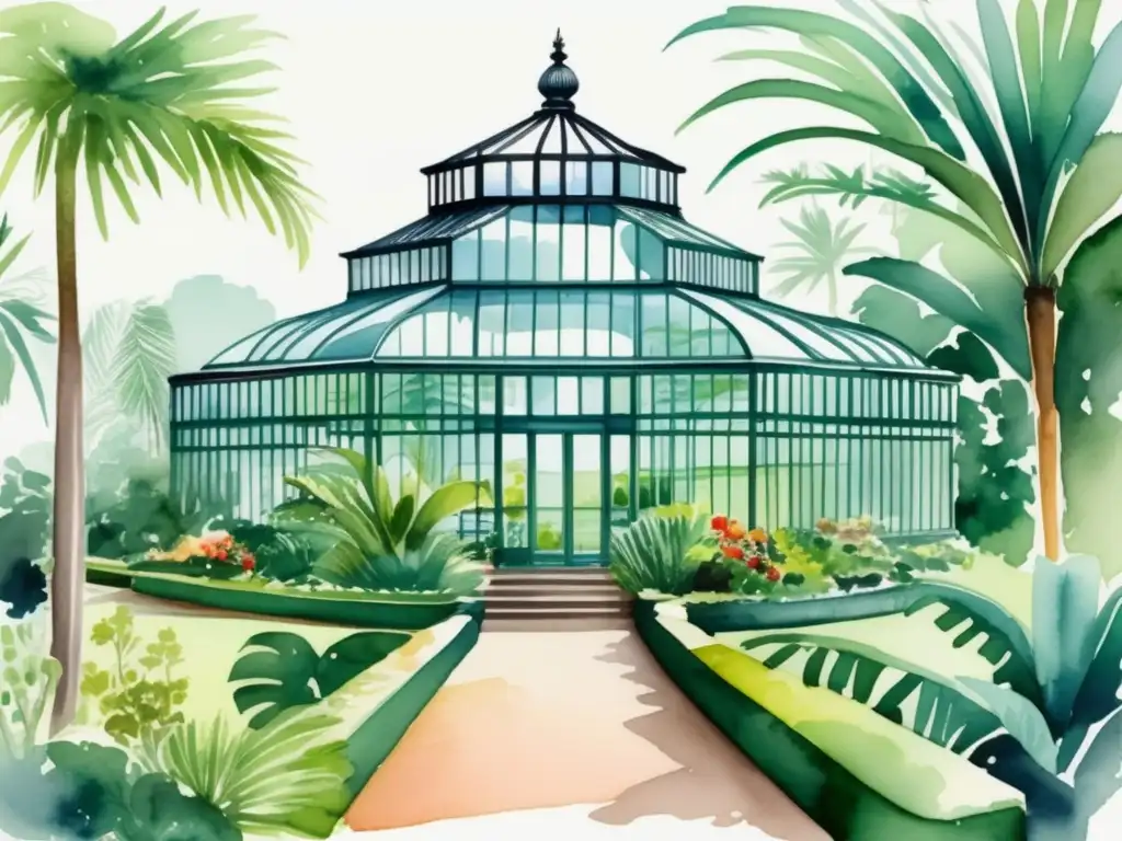 Tesoro de la flora mundial Kew: Imagen detallada en acuarela de la icónica Casa de Palmeras en los Jardines Botánicos de Kew