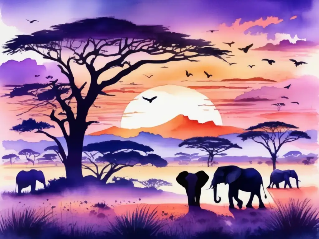 Paisaje africano al atardecer con animales icónicos y flora diversa