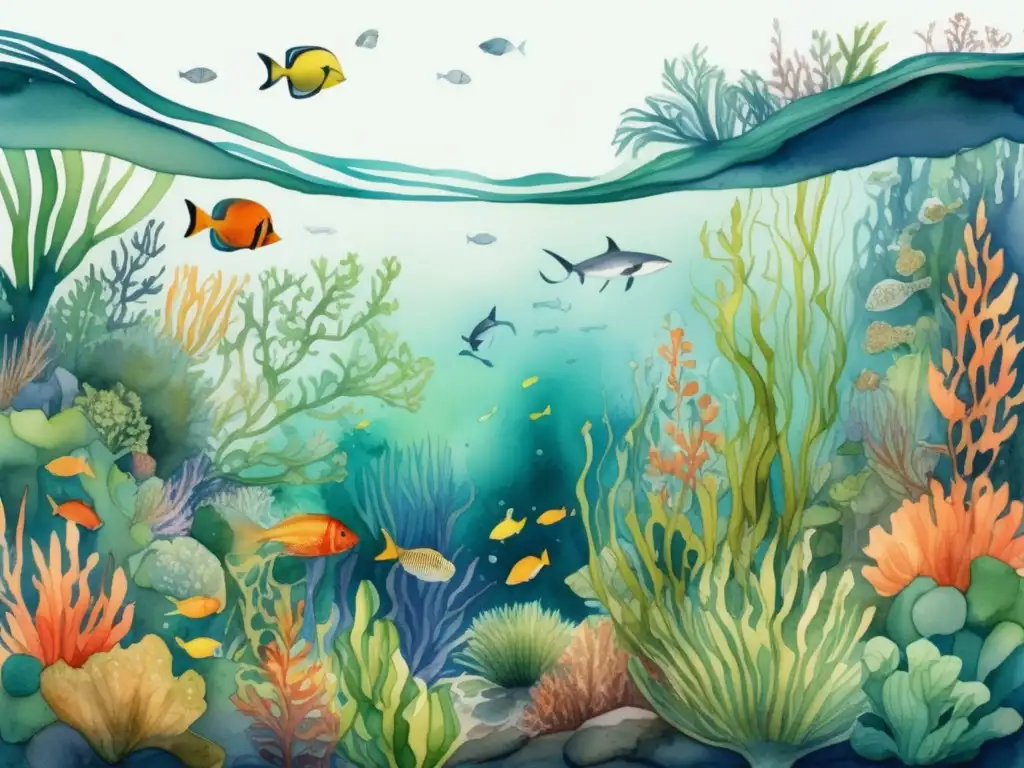 Ilustración detallada de una escena submarina vibrante con diversidad de plantas marinas