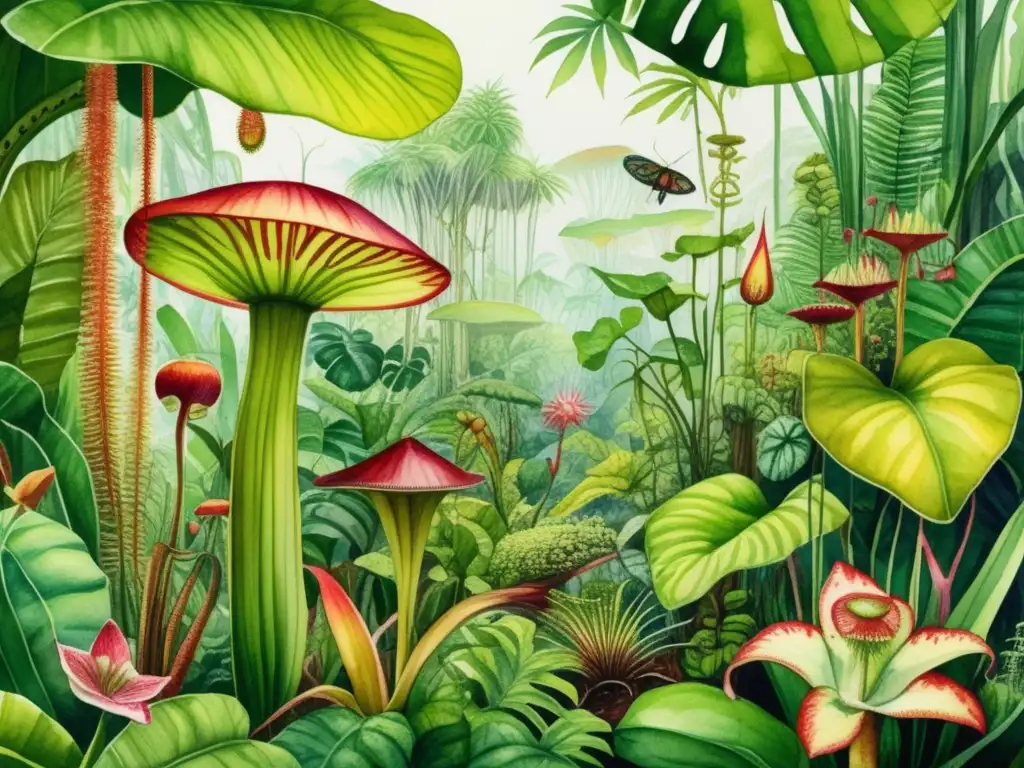 Ilustración 8k detallada de selva tropical con plantas carnívoras y feromonas