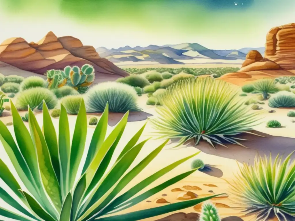 Ilustración de paisaje desértico y adaptación de plantas a condiciones extremas