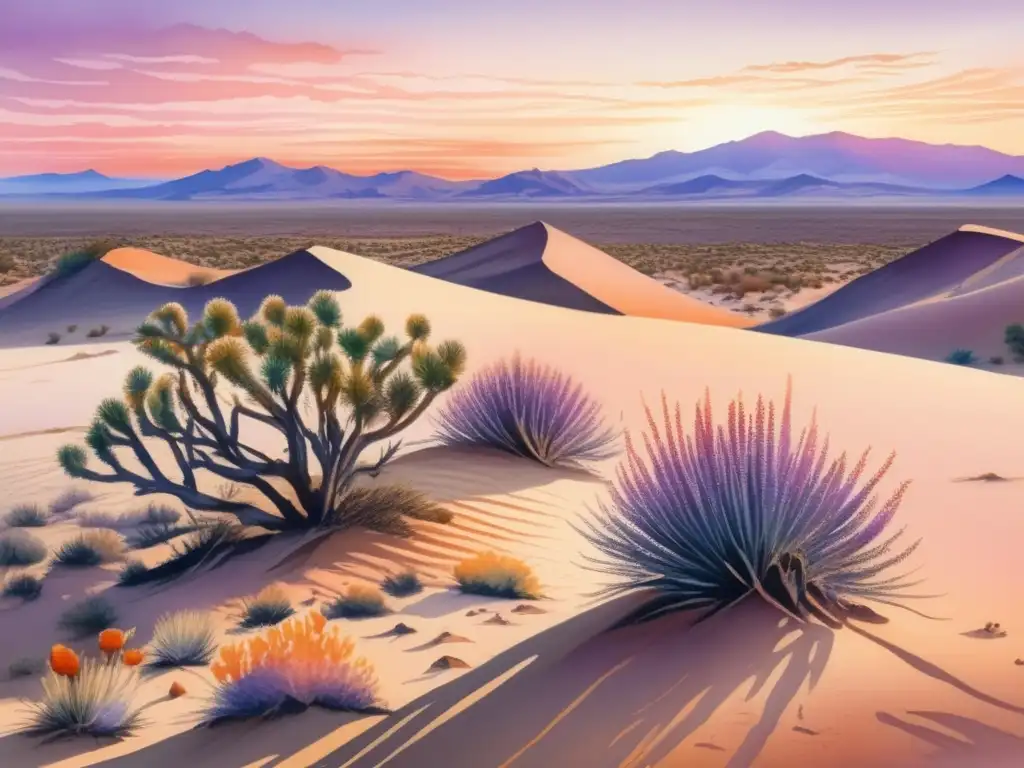 Pintura acuarela detallada de paisaje desértico al amanecer - Influencia cambio climático en flora desértica