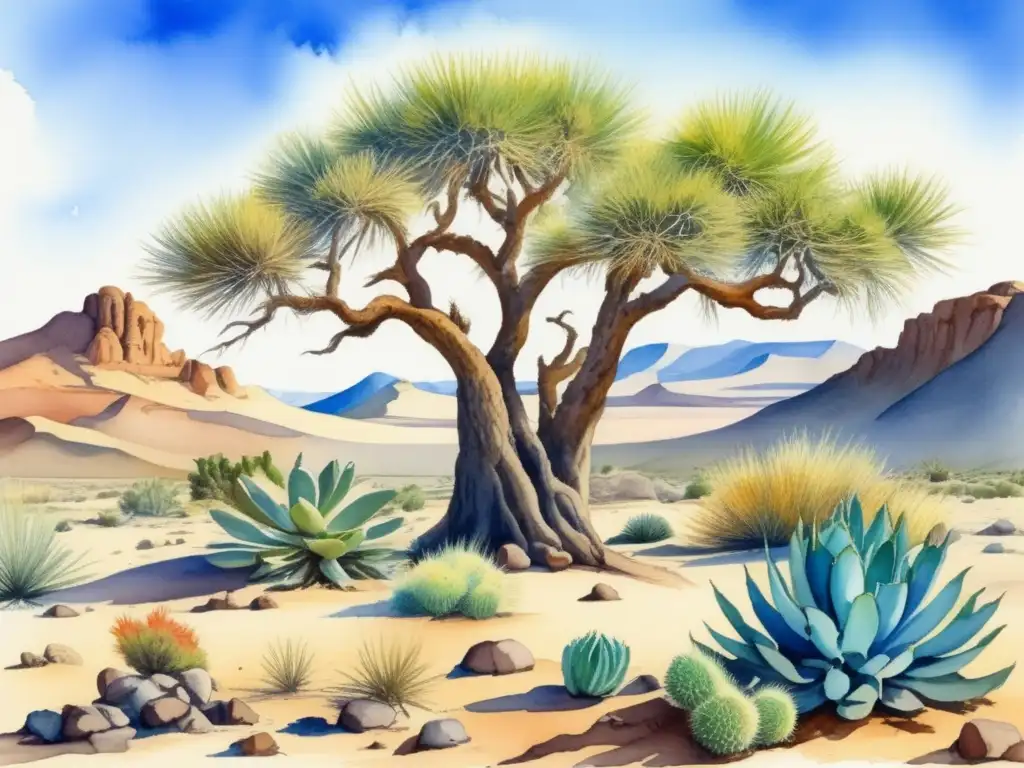 Plantas únicas desierto Gobi - Pintura acuarela detallada muestra vegetación exótica y paisaje árido