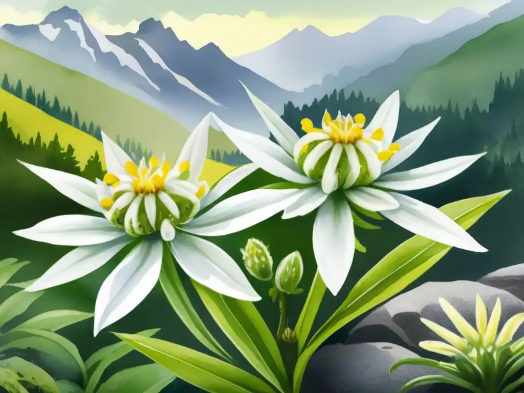 Ilustración vibrante de la flor Edelweiss de Java, destacando sus delicados pétalos blancos y centro amarillo