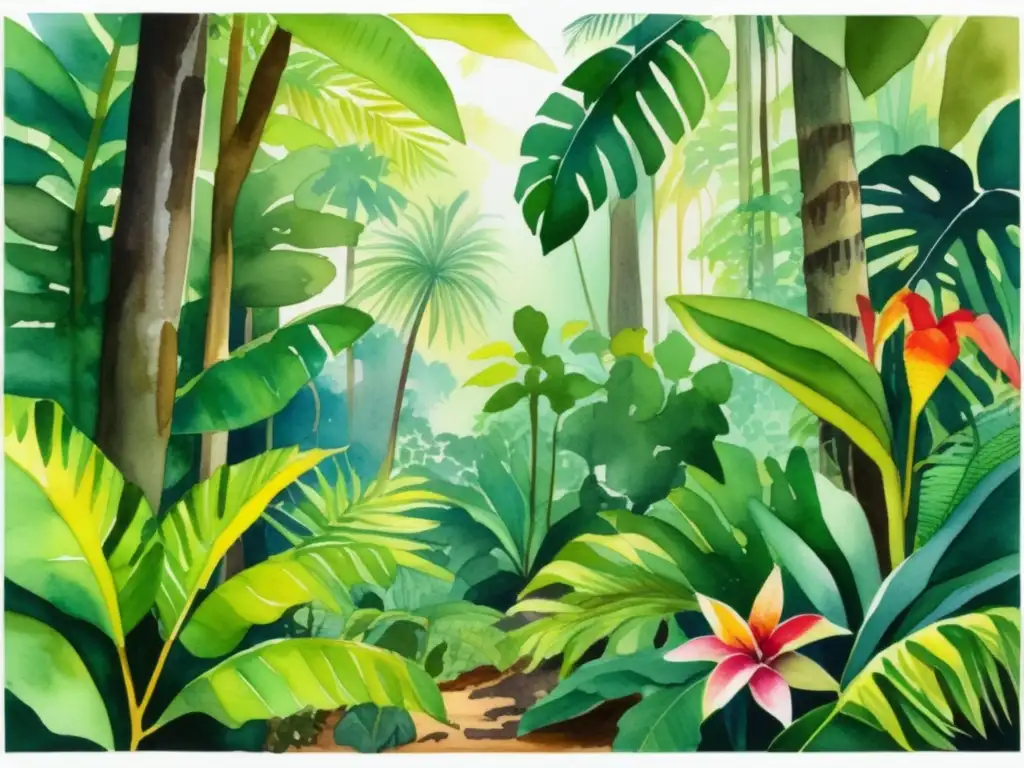 Pintura acuarela de selva tropical resalta importancia morfología vegetal