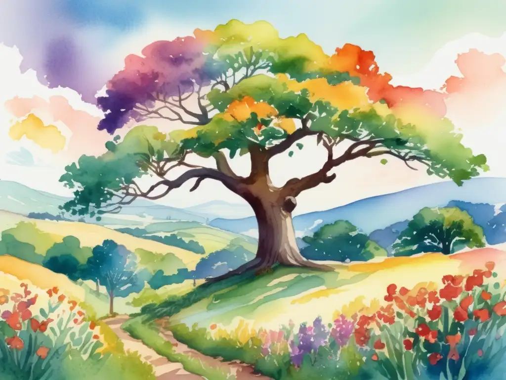 Ilustración acuarela de un paisaje exuberante con árbol de roble y flores coloridas