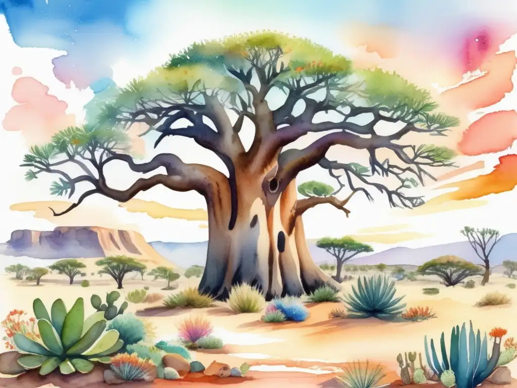 Flora del Kalahari: Ilustración acuarela de la esencia y belleza de la vegetación desértica