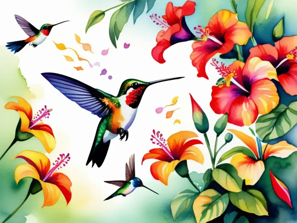 Relación colibríes flores tropicales historia - Ilustración acuarela vibrante de escena tropical exuberante con flores coloridas y colibríes