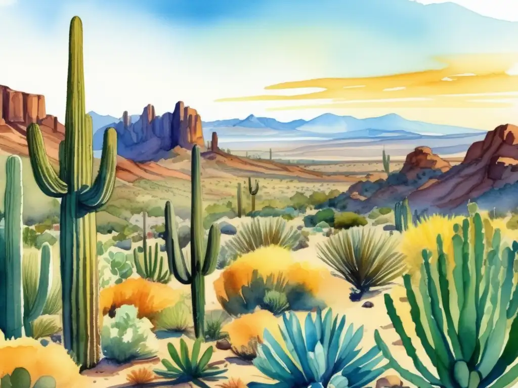 Plantas exóticas del desierto: Ilustración acuarela de paisaje con flora vibrante y diversa