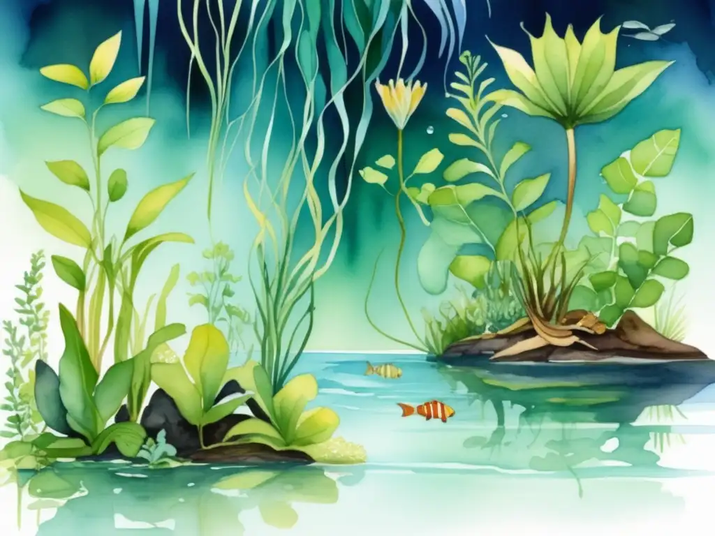 Plantas acuáticas simbióticas en vida acuática: ilustración acuarela de escena submarina serena con diversidad de especies vegetales y peces coloridos