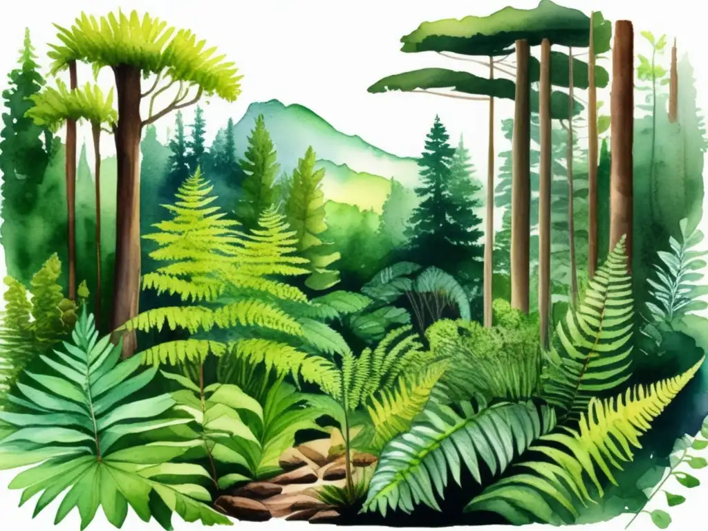 Adaptación de plantas a ambientes diversos en ilustración acuarela de bosque exuberante