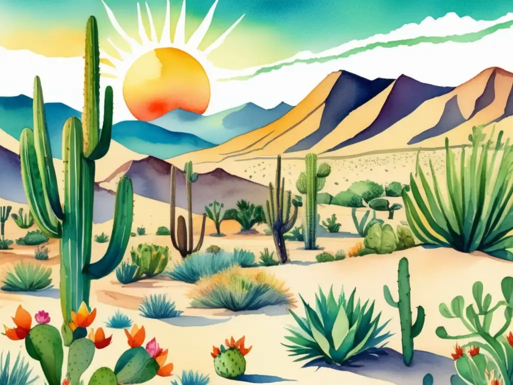 Adaptación de plantas desérticas al agua: ilustración vibrante de un paisaje desértico con plantas como cactus, aloe vera y agave