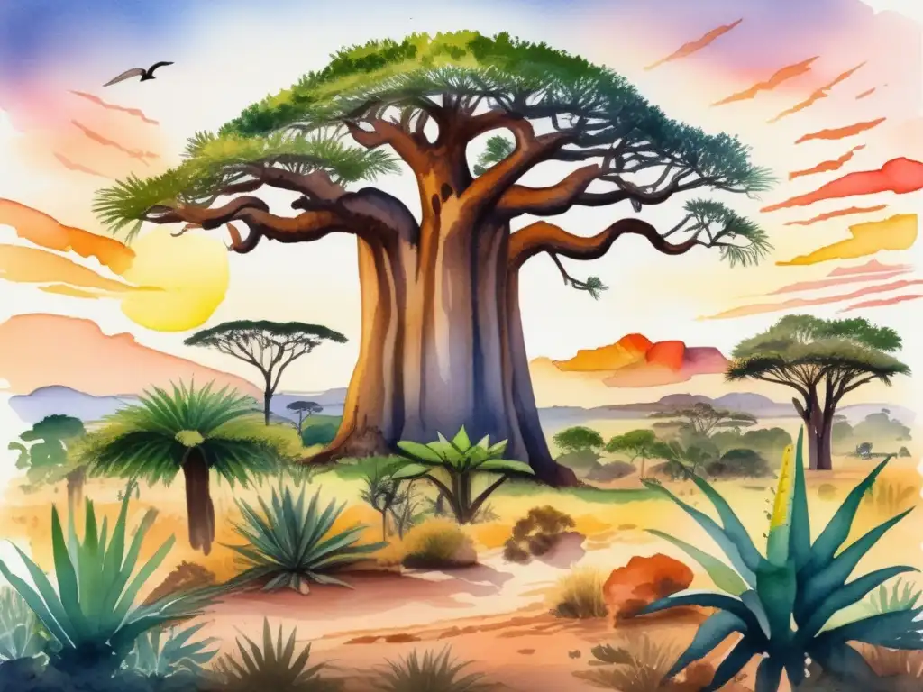 Beneficios plantas africanas: ilustración acuarela detallada de paisaje africano con propiedades antiinflamatorias y flora medicinal diversa