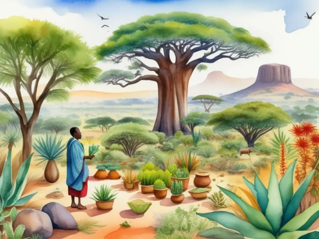 Beneficios plantas africanas: ilustración detallada de paisaje exuberante, flora vibrante y curandero africano recolectando hierbas medicinales