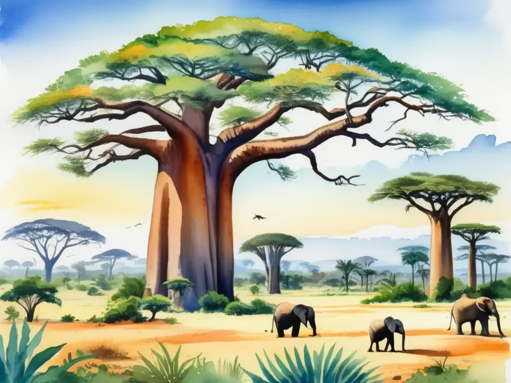 Importancia histórica plantas africanas, paisaje exuberante con baobabs, acacias, hierba elefante y flores silvestres