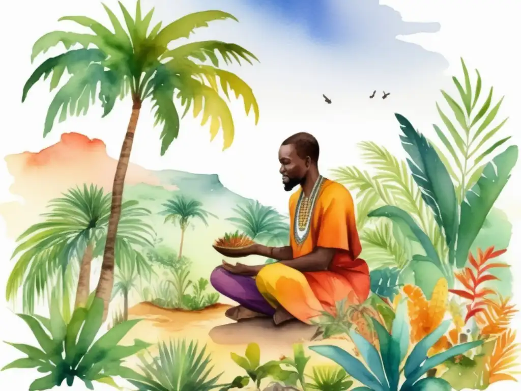 Ilustración vibrante de paisaje africano con palmeras, vegetación densa y un sanador rodeado de plantas medicinales