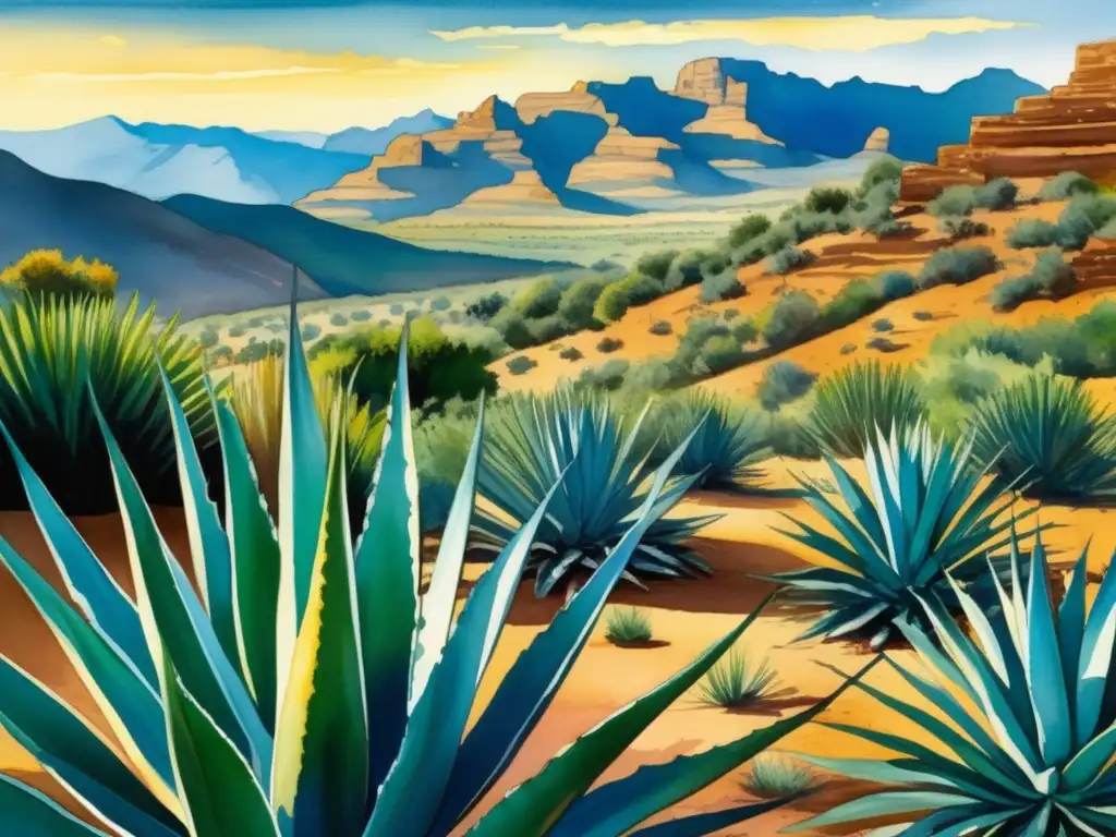 Pintura acuarela Agave Azul: Usos medicinales y paisaje mexicano