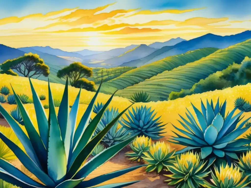 Usos medicinales del Agave Azul - Pintura acuarela detallada muestra campo de agave bajo atardecer dorado