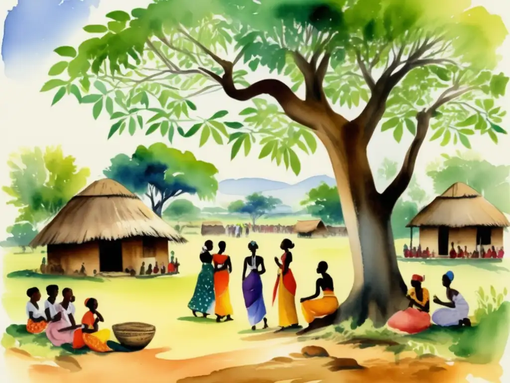 Ilustración acuarela de una escena vibrante en un pueblo africano con un árbol Moringa y actividades culturales