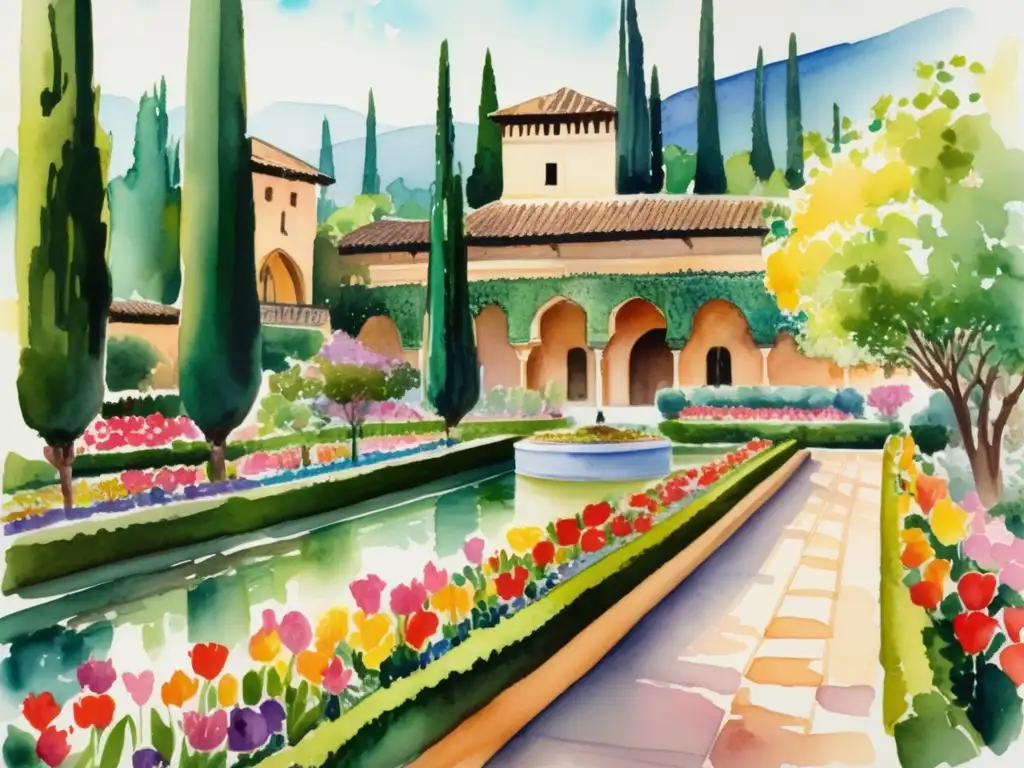 Relevancia histórica plantas Alhambra: Precioso cuadro acuarela con jardines exuberantes, cipreses y palacio majestuoso