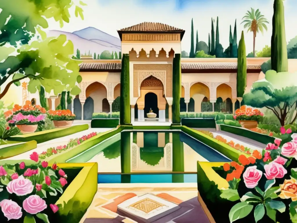 Pintura acuarela detallada de los Jardines de la Alhambra, con colores vibrantes y detalles intrincados