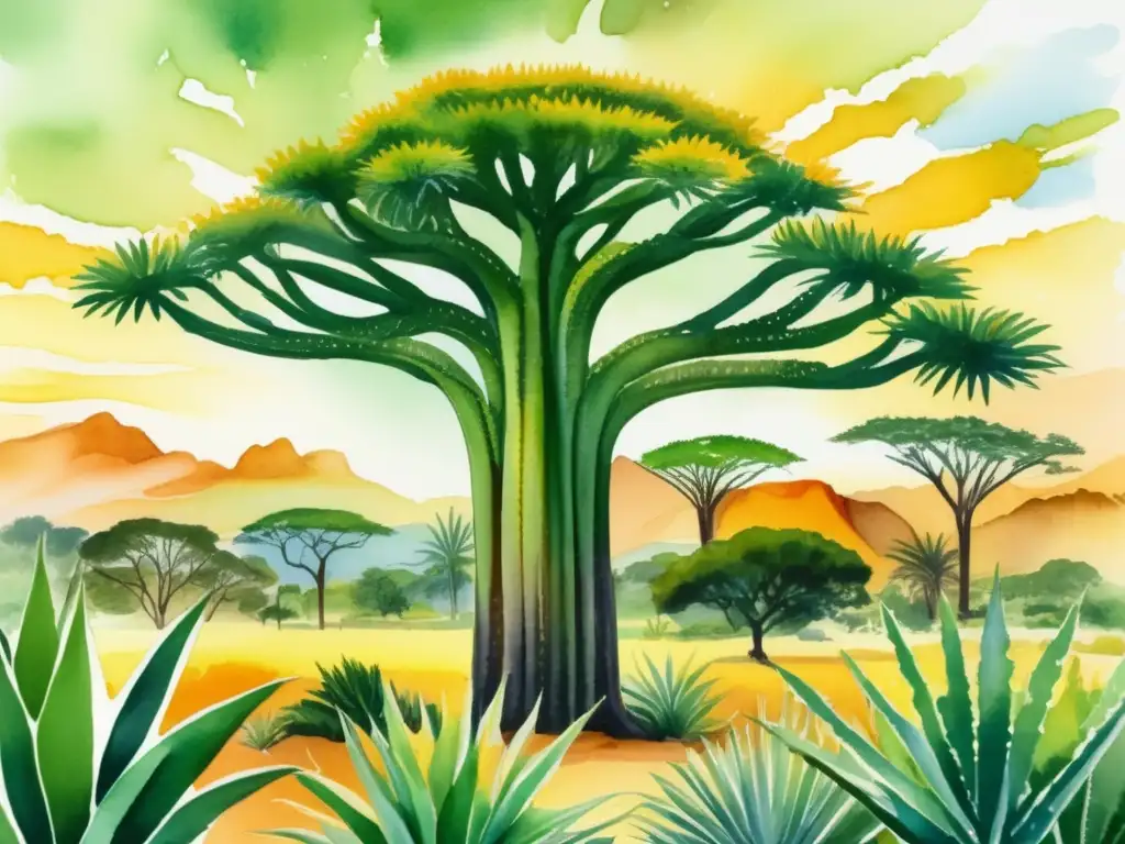 Pintura acuarela de paisaje africano con árbol baobab y Aloe Vera africano