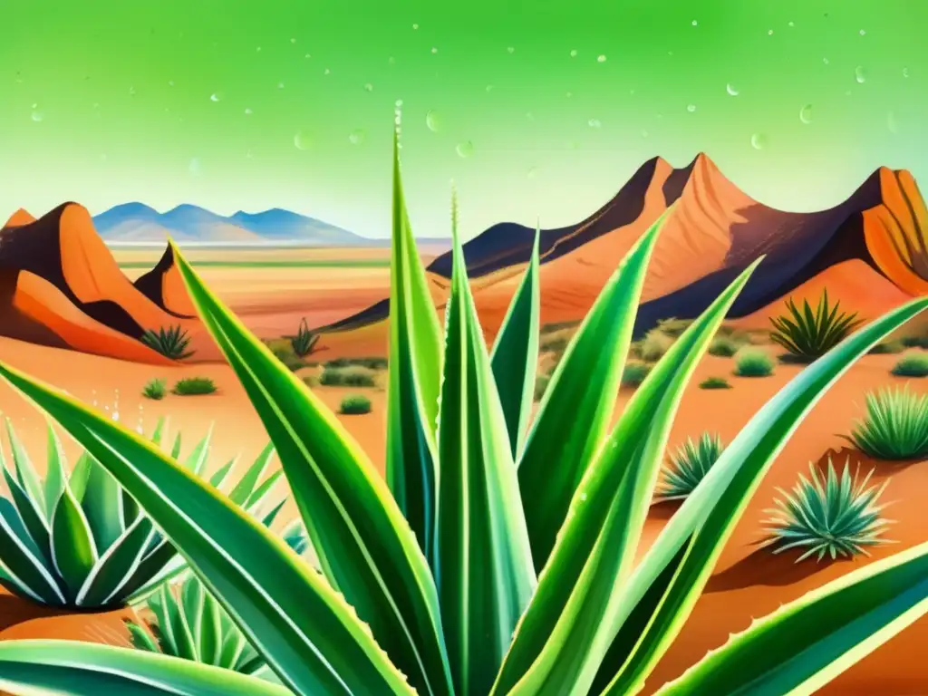 Beneficios aloe vera: paisaje desierto exuberante, planta sana, hojas verdes, agua brillante, dunas arenosas, cielo azul