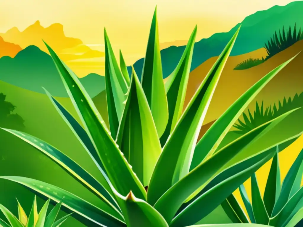 Beneficios del aloe vera en América Latina: ilustración detallada de una exuberante planta de aloe vera rodeada de paisajes vibrantes