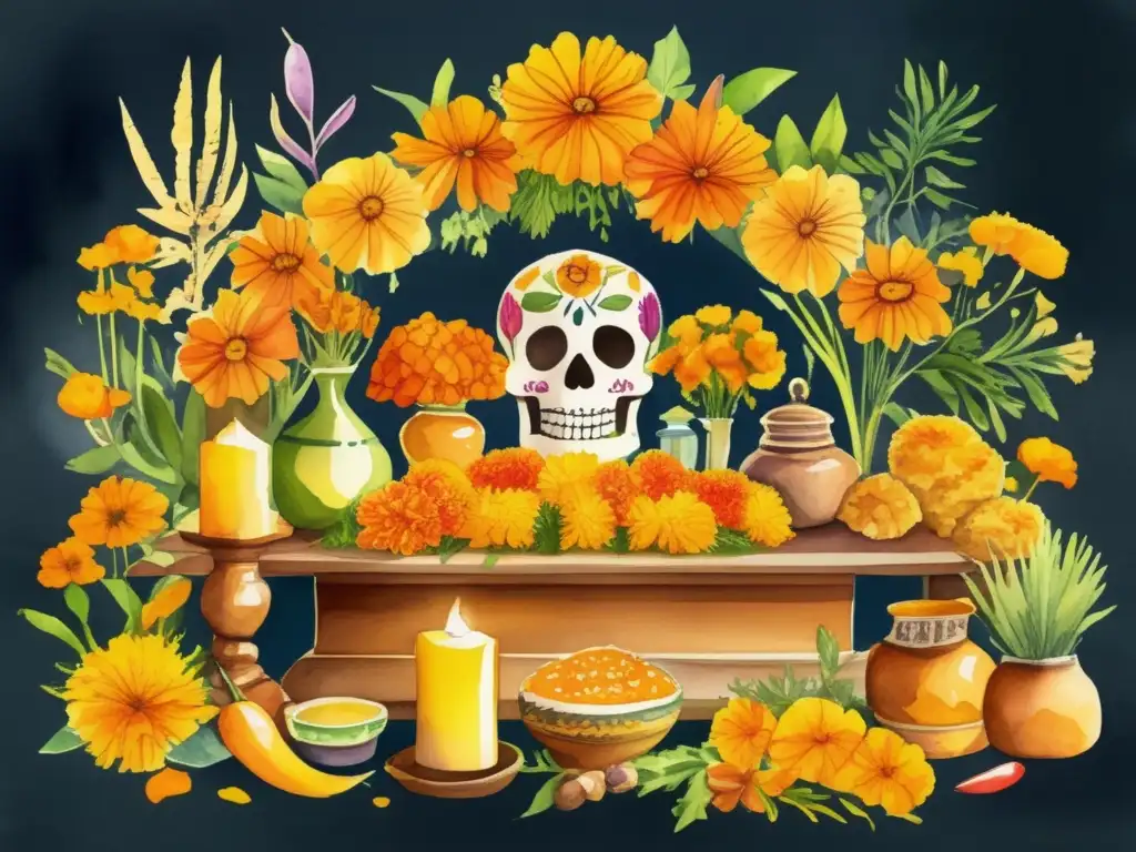 Altar vibrante y vivo del Día de los Muertos con plantas culinarias: Importancia cultural y simbolismo de las plantas en el Día de los Muertos