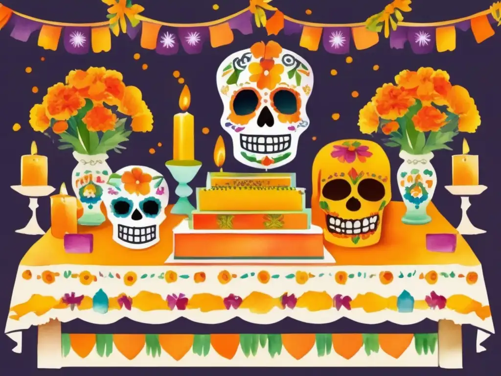 Altar tradicional del Día de los Muertos con marigolds y papel picado - Importancia cultural y simbolismo de las plantas en el Día de los Muertos