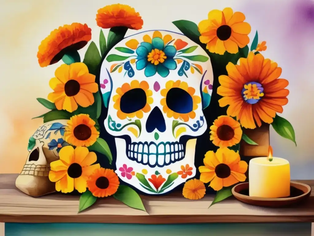 Altar mexicano con flores y calavera, simbolismo de plantas en el Día de los Muertos