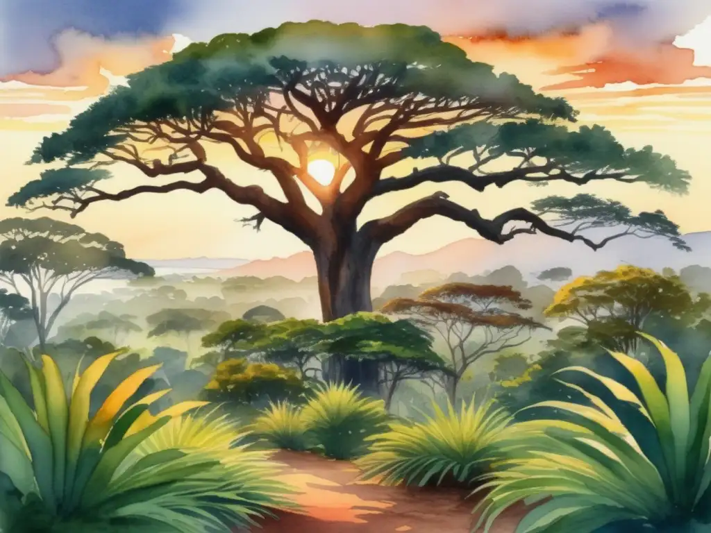 Jungla africana al atardecer con árbol Yohimbe: biodiversidad y usos