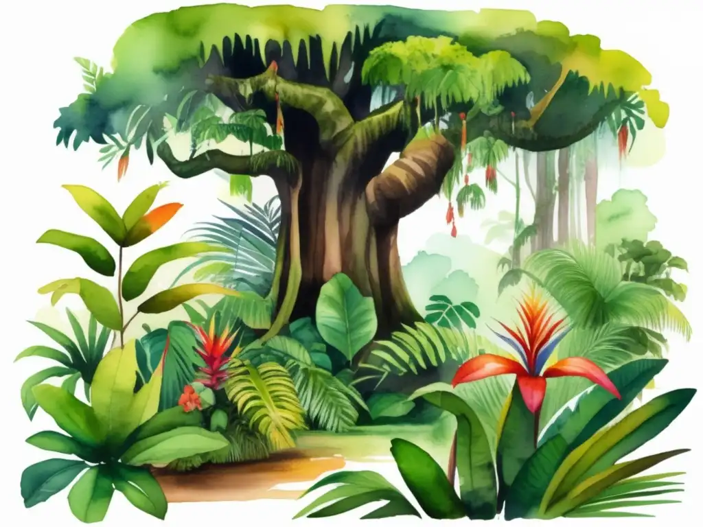 Ilustración vibrante de la exuberante y diversa flora del Amazonas - Plantas exóticas del Amazonas en América Latina