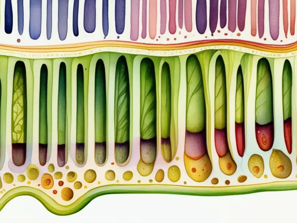 Anatomía detallada de las plantas: ilustración acuarela de sección transversal de tallo vegetal, capas de tejidos, colores y texturas