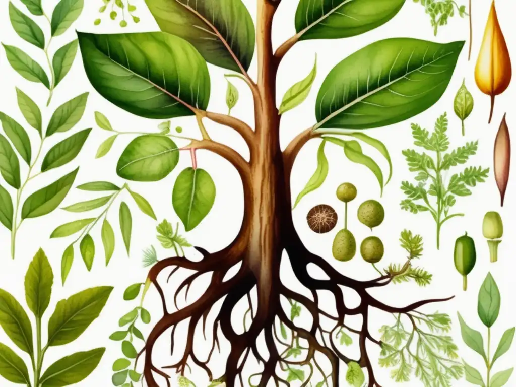 Ilustración acuarela detallada de la estructura interna de una planta, mostrando sus partes anatómicas y procesos de nutrición