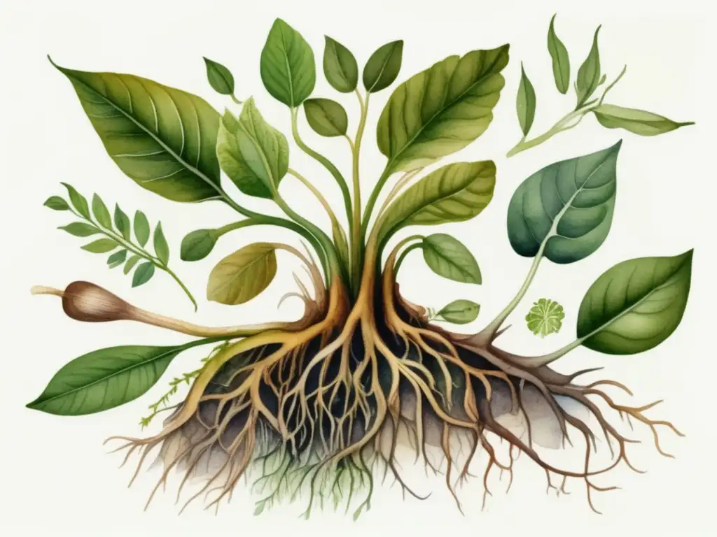 Detallada ilustración acuarela de sistema radicular, tallo y hojas de una planta